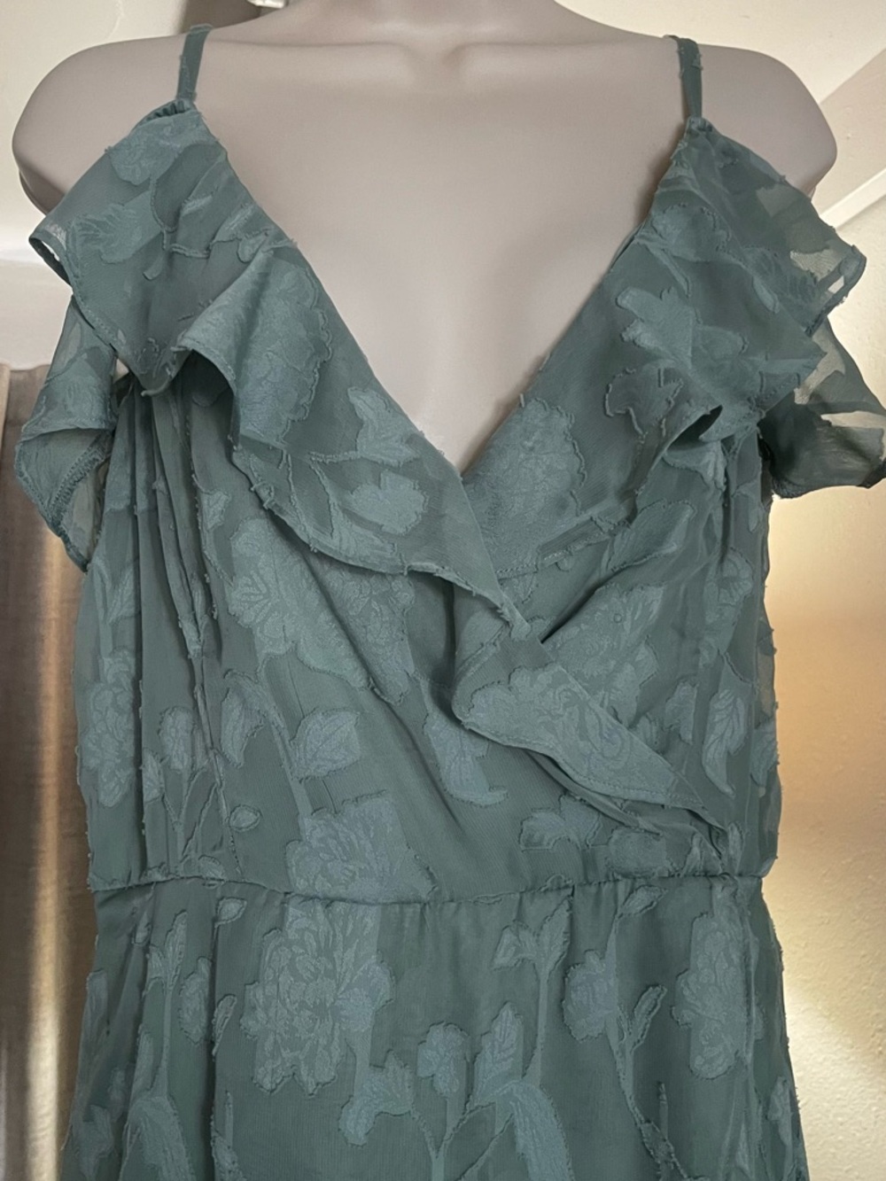 BCX Sage Green Floral Ruffle Maxi Dress with Tie Waist